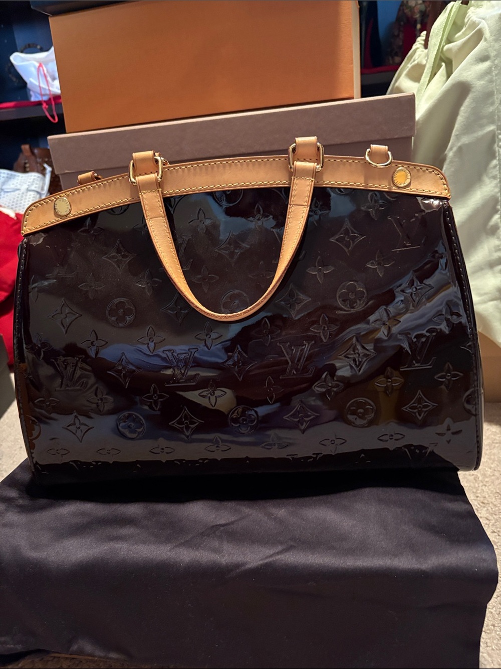 Louis Vuitton Brown Vernis Patent Satchel with Natural Vachetta Handles